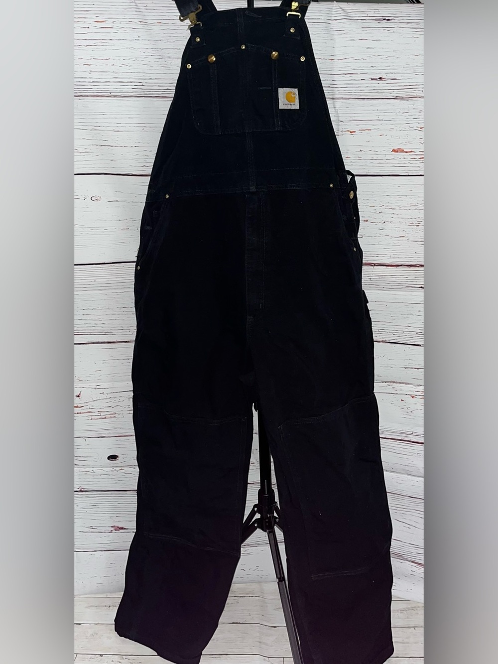 Carhartt Black Canvas Bib Overalls with Logo Patch - Picture 2 of 9